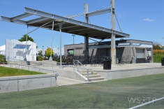 A shot of the main public pavilions in the Rapids' enormous field complex features concessions and bathrooms.